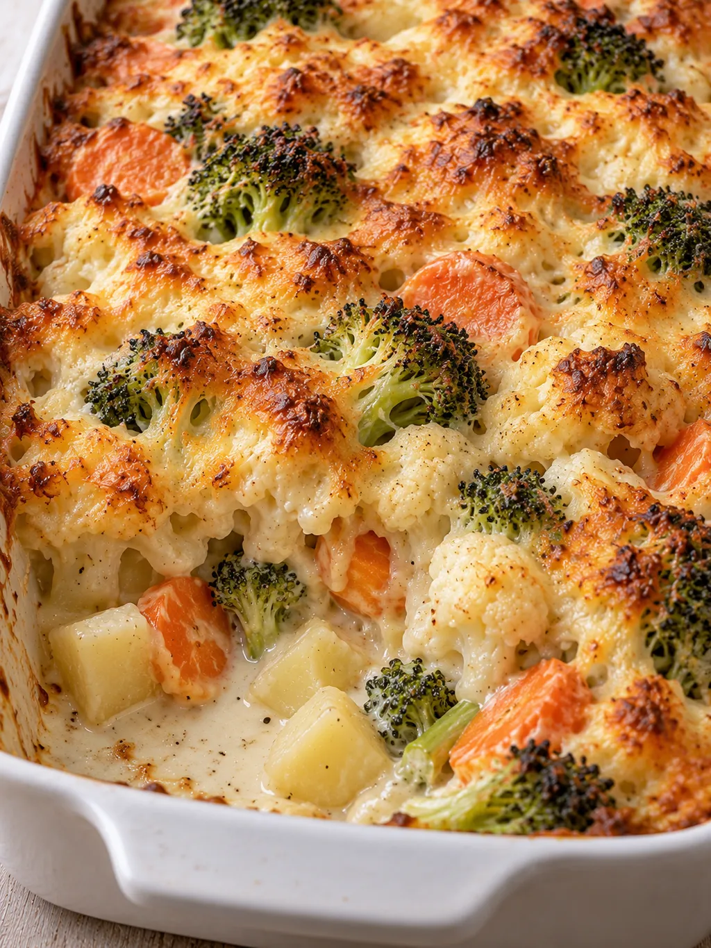 Cremiger Gemüseauflauf mit Brokkoli, Möhren, Kartoffeln und gebräuntem Käse