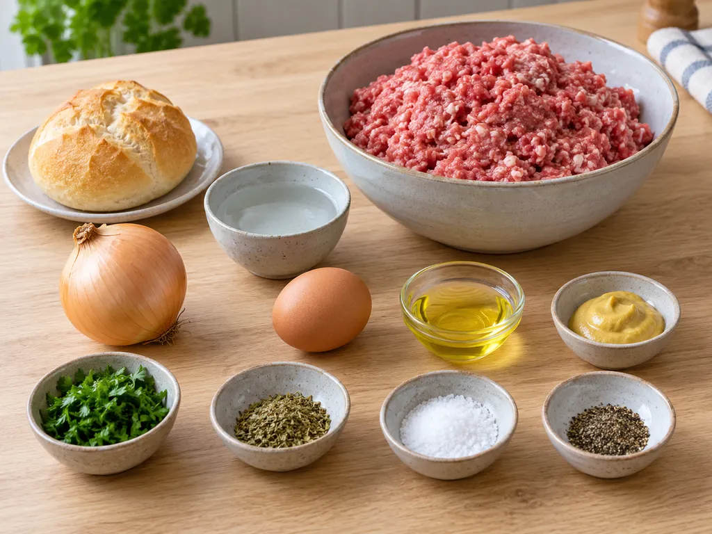 Hackfleisch, Brötchen, Zwiebel, Ei, Senf, Kräuter und Gewürze für Frikadellen
