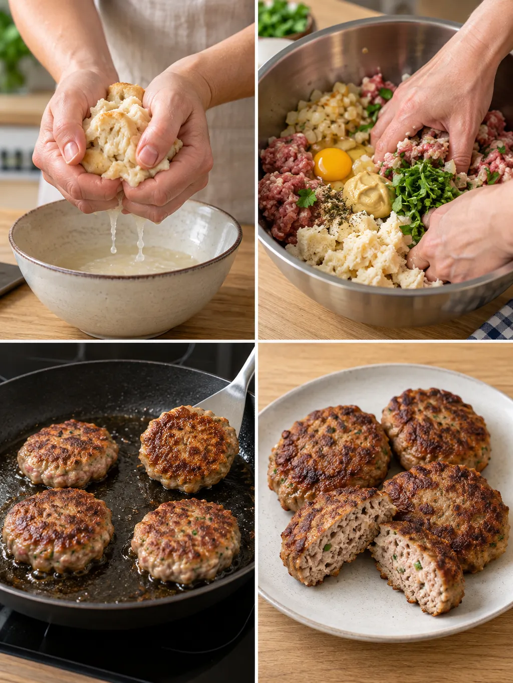 Brötchen ausdrücken, Hackmasse vermengen, Frikadellen braten und fertig servieren