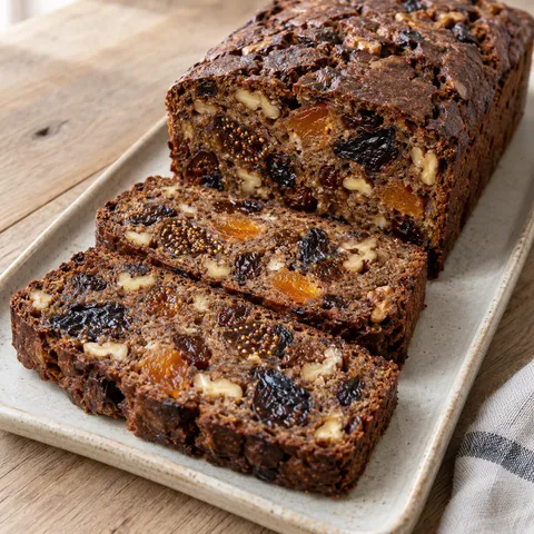 Dunkles Früchtebrot mit Feigen, Aprikosen und Walnüssen auf einer hellen Platte