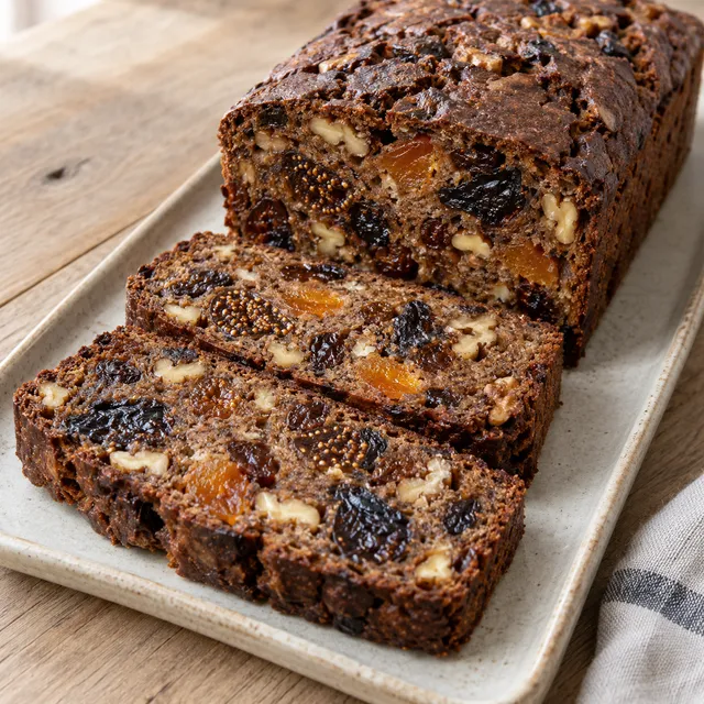 Dunkles Früchtebrot mit Feigen, Aprikosen und Walnüssen auf einer hellen Platte
