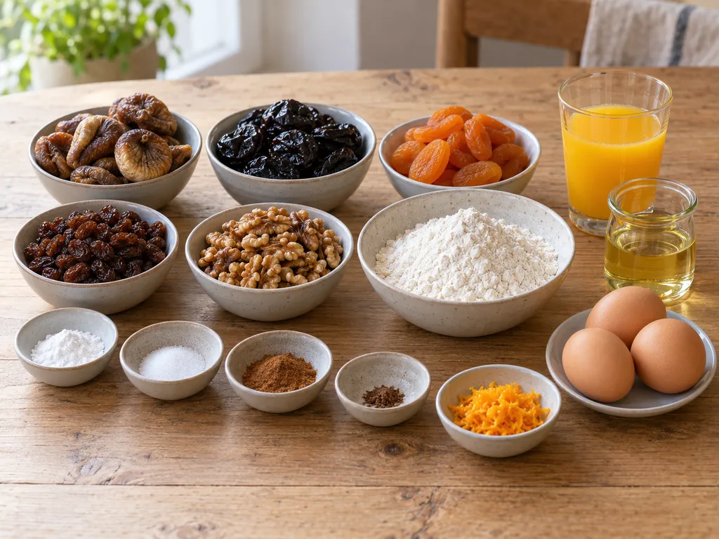 Trockenfrüchte, Walnüsse, Mehl, Eier, Orangensaft und Gewürze für Früchtebrot