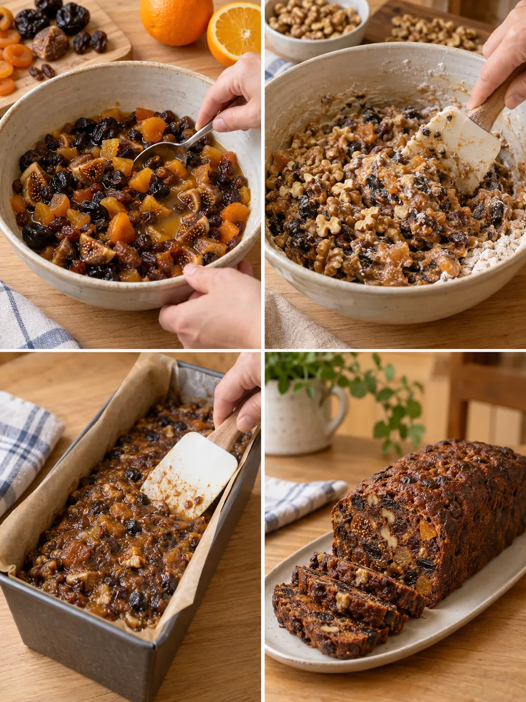 Früchte einweichen, Teig mischen, Kastenform füllen und fertig gebackenes Früchtebrot
