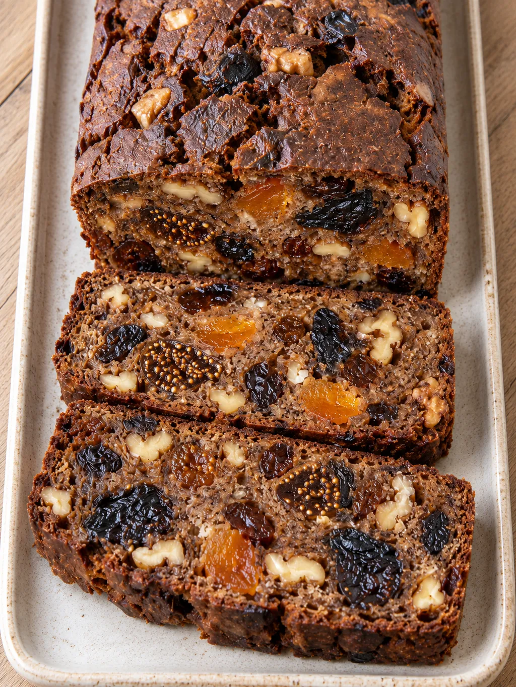 Früchtebrotscheiben mit sichtbaren Trockenfrüchten und Walnüssen neben dem Laib