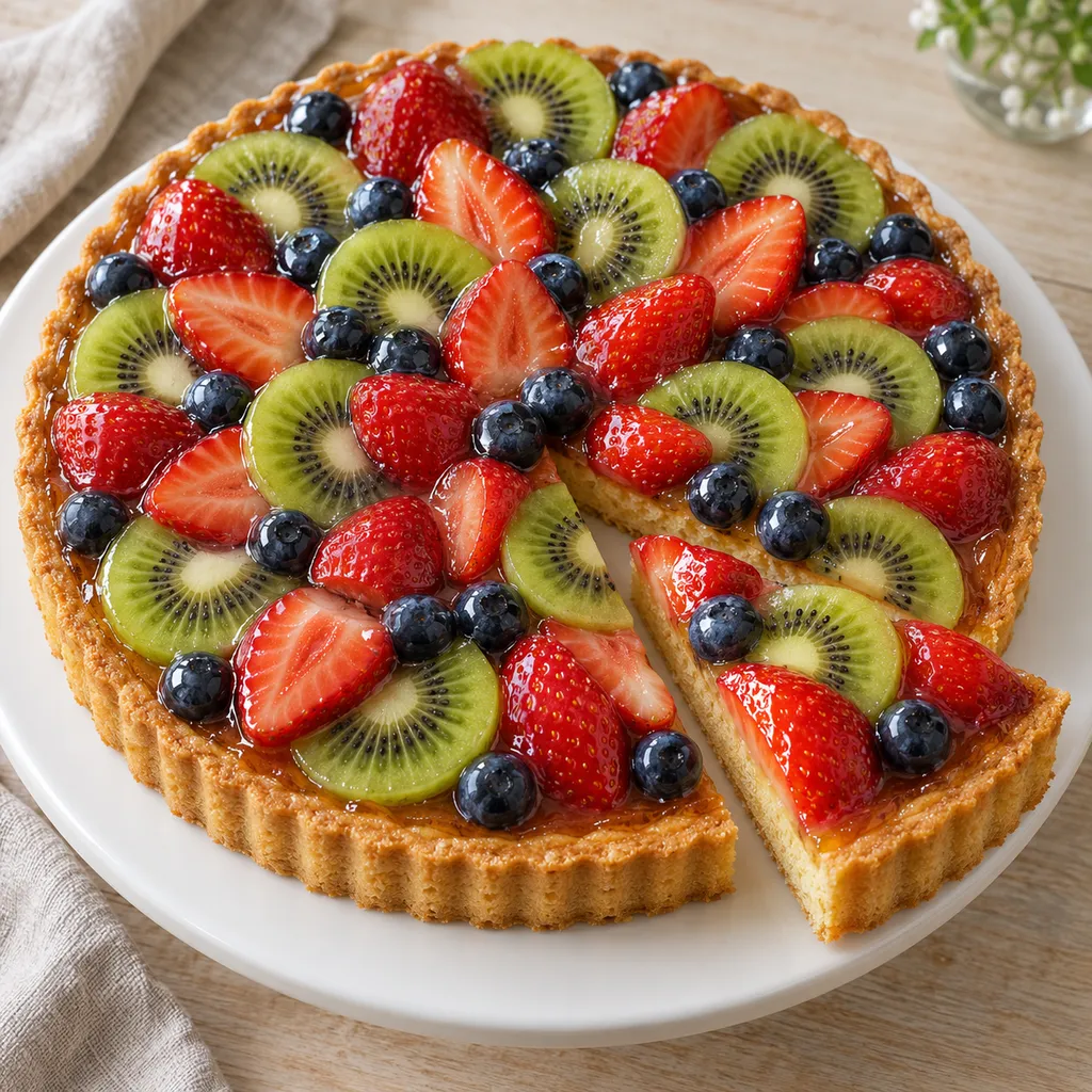 Obstkuchen mit dünnem Biskuitboden, Erdbeeren, Kiwi und Heidelbeeren unter klarem Tortenguss