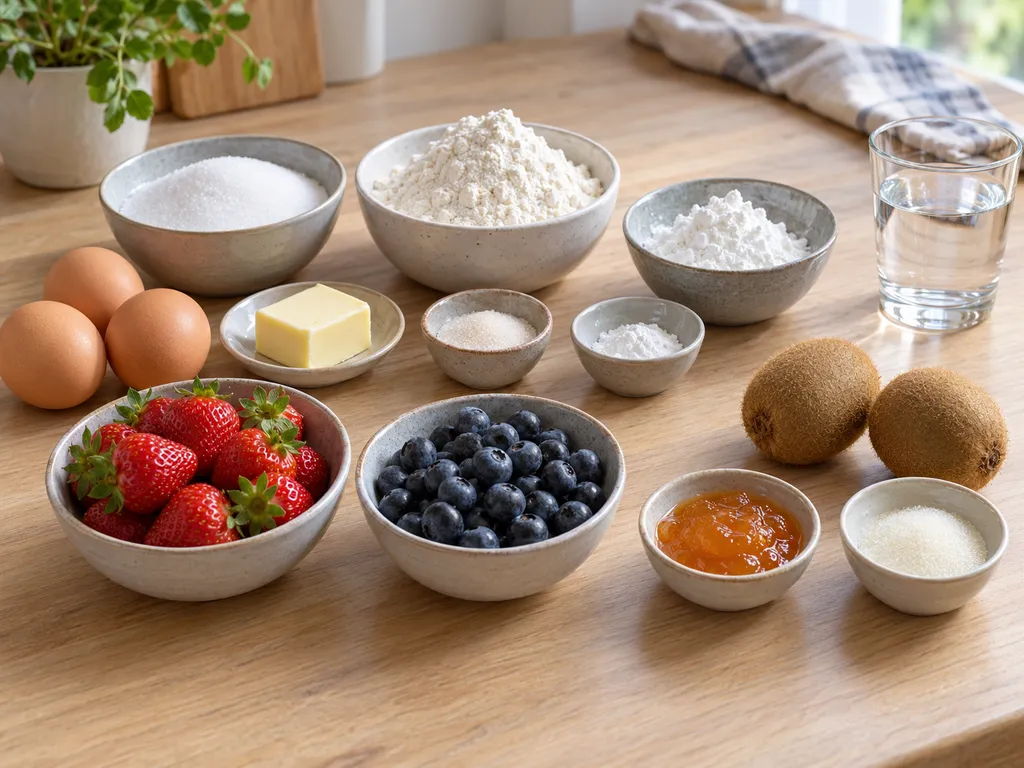 Eier, Mehl, Zucker, Butter und frische Früchte für einen Biskuit-Obstkuchen