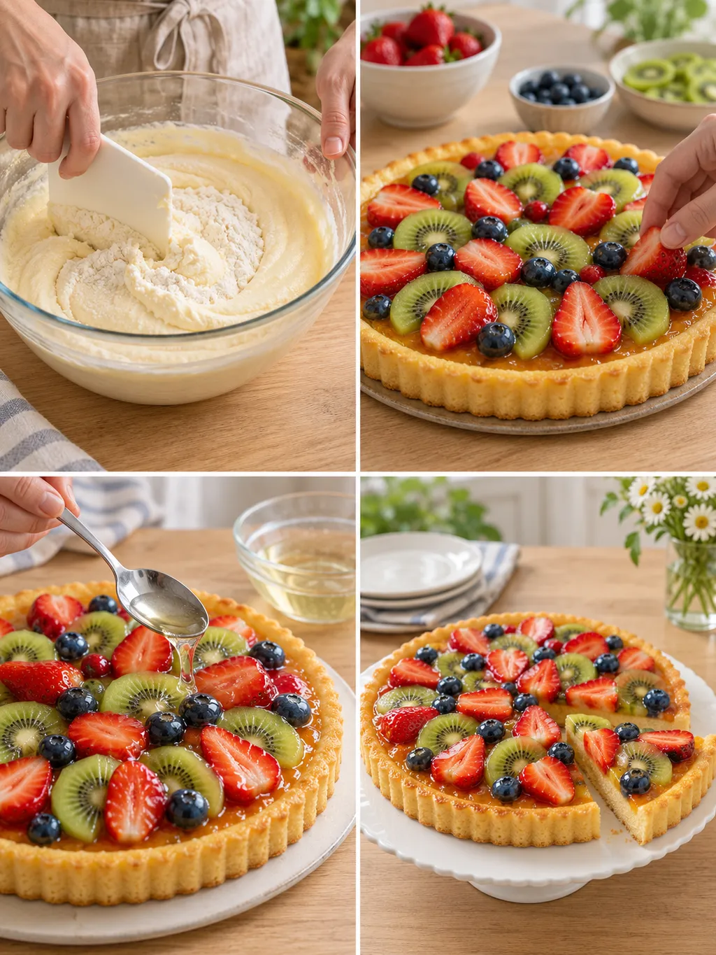 Biskuitteig unterheben, Obst auflegen, Tortenguss verteilen und den fertigen Obstkuchen zeigen