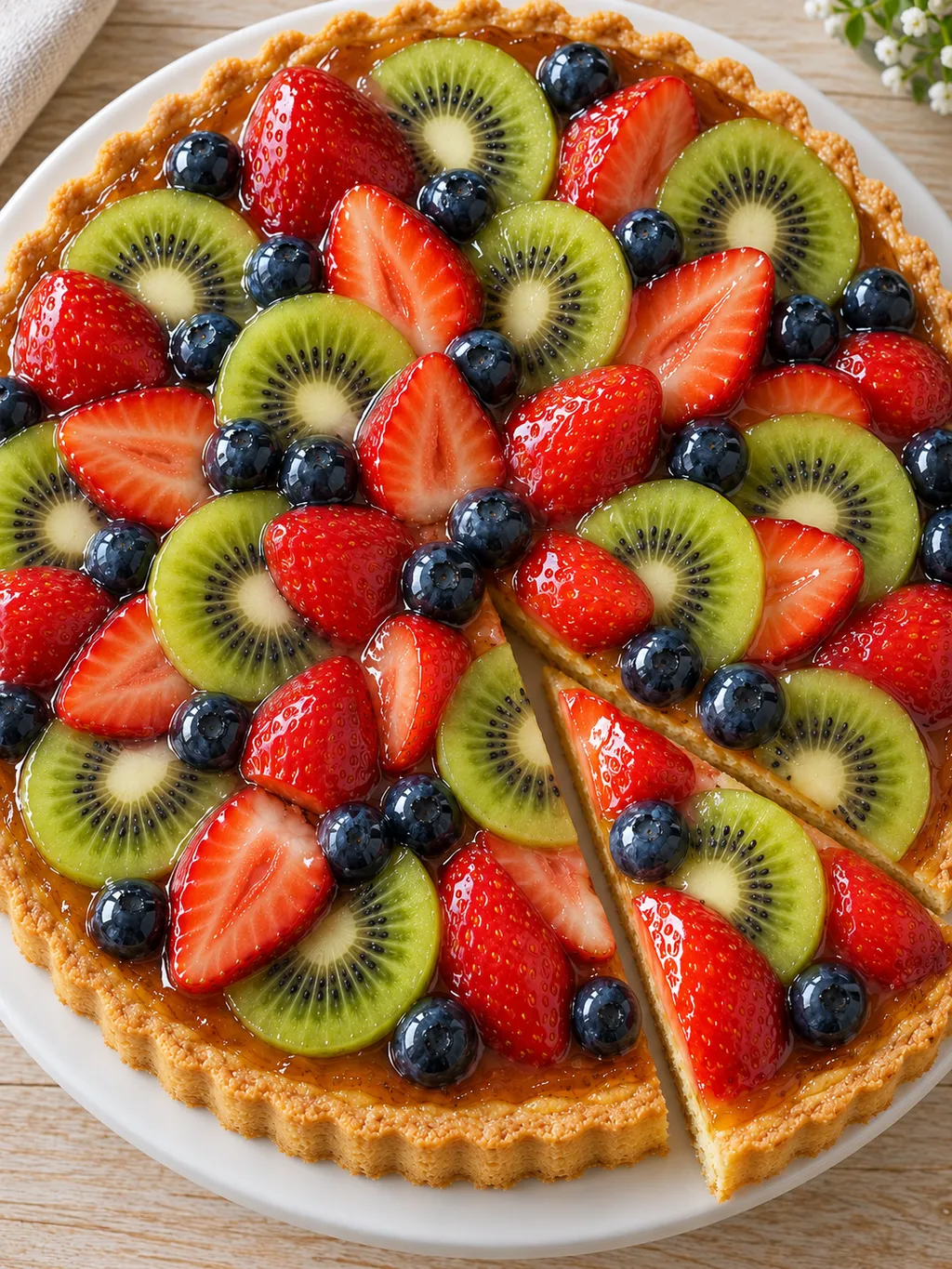 Obstkuchen mit Erdbeeren, Kiwischeiben und Heidelbeeren unter glänzendem klarem Guss