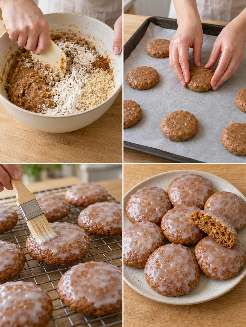 Honiglebkuchen beim Teigrühren, Formen und Glasieren sowie fertig auf dem Teller
