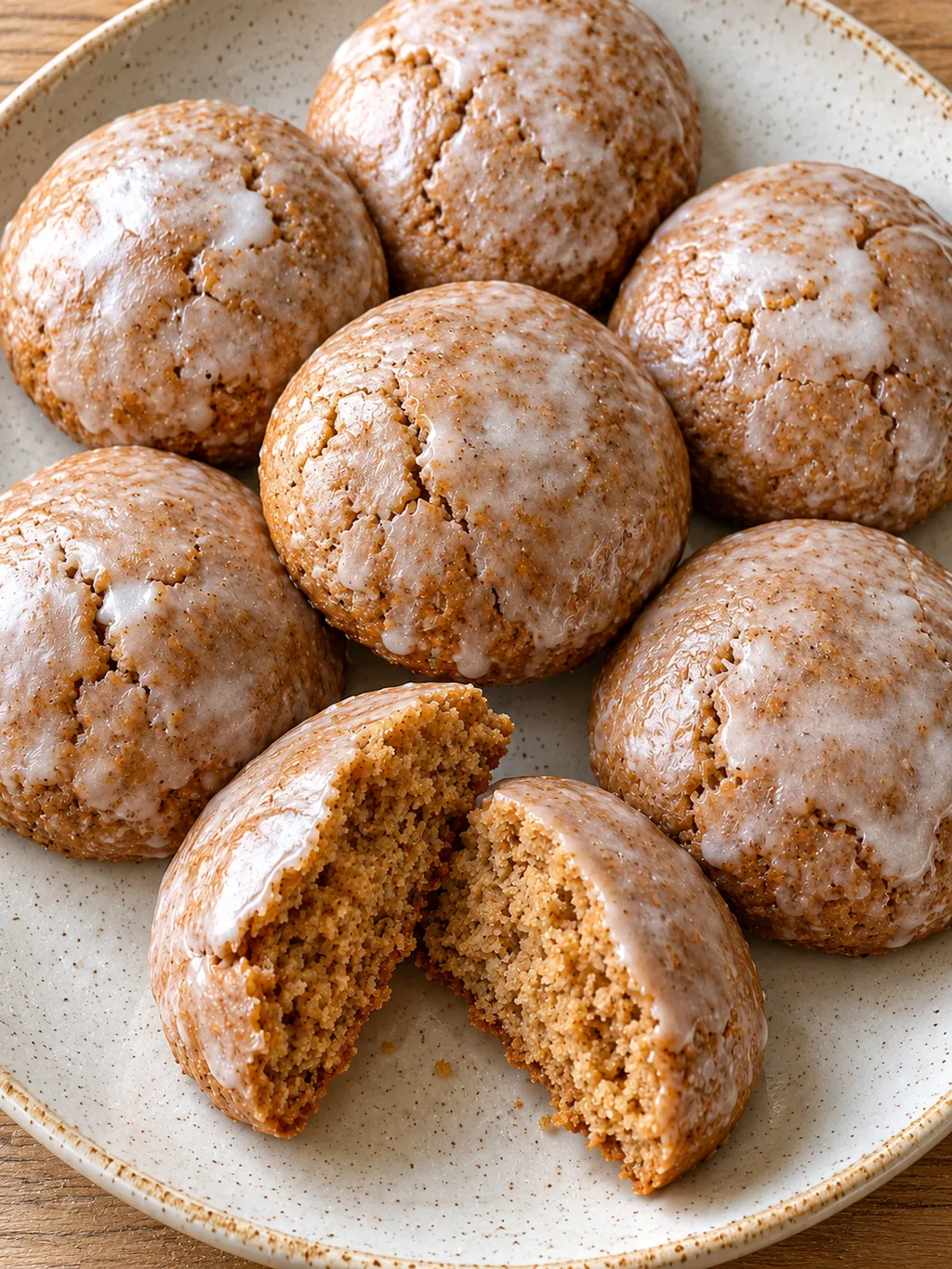 Runde Honiglebkuchen mit Zitronenguss und einem aufgebrochenen Stück