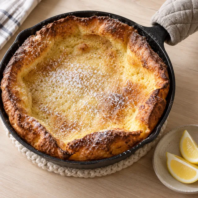 Dutch Baby mit goldbraunem Rand und Puderzucker in einer Gusseisenpfanne