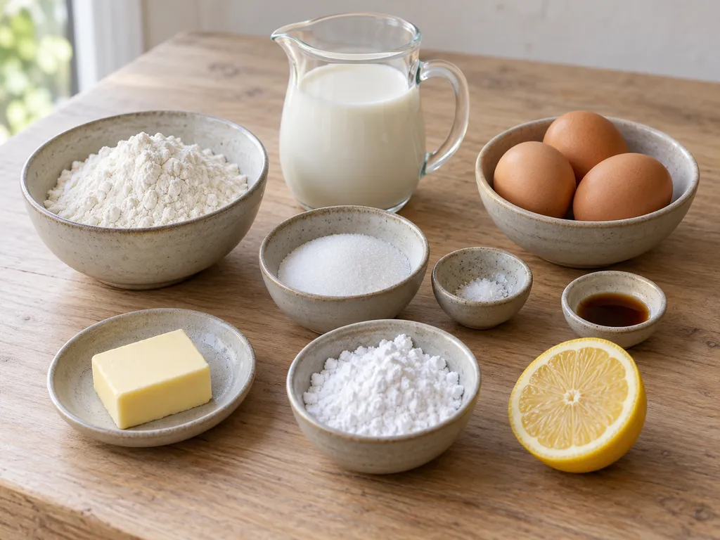 Mehl, Milch, drei Eier, Zucker, Salz, Vanille, Butter, Puderzucker und eine halbe Zitrone