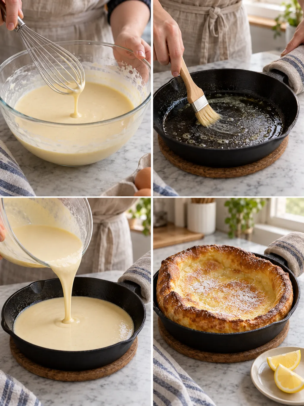Dutch Baby beim Teigrühren, Buttern, Eingießen und fertig gebacken mit Puderzucker