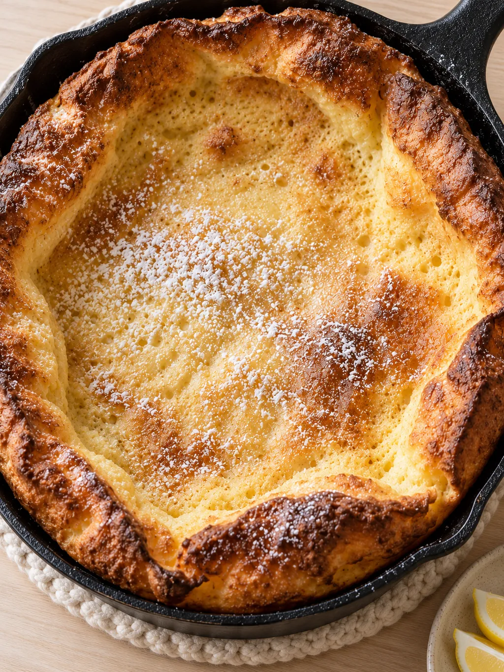Dutch Baby mit gewelltem goldbraunem Rand, Puderzucker und Zitronenspalten