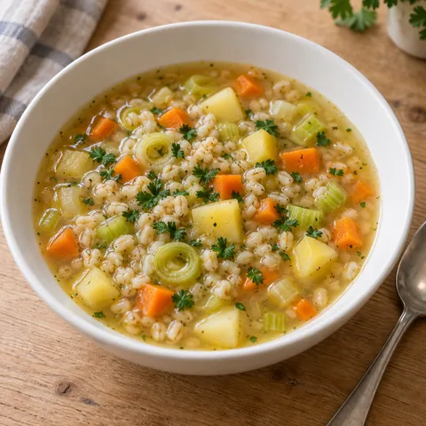 Graupensuppe mit Kartoffeln, Möhren, Sellerie und Petersilie in einer hellen Schale