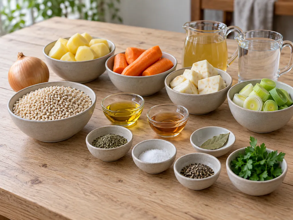 Perlgraupen, Kartoffeln, Suppengemüse, Brühe und Gewürze für Graupensuppe