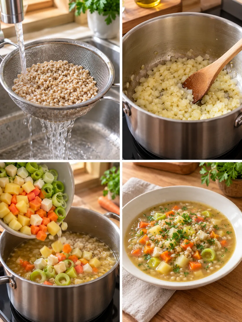 Graupen abspülen, Zwiebeln dünsten, Gemüse zugeben und fertige Graupensuppe servieren