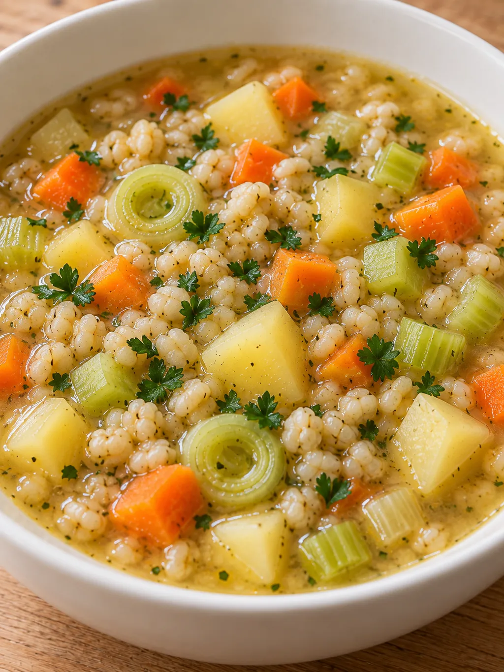 Herzhafte Graupensuppe mit Gemüsewürfeln und frischer Petersilie