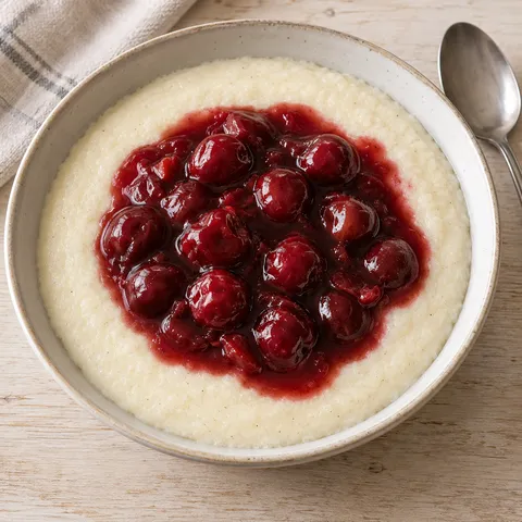 Cremiger Grießbrei mit dunkelroten Sauerkirschen und leicht gebundener Kompottsoße