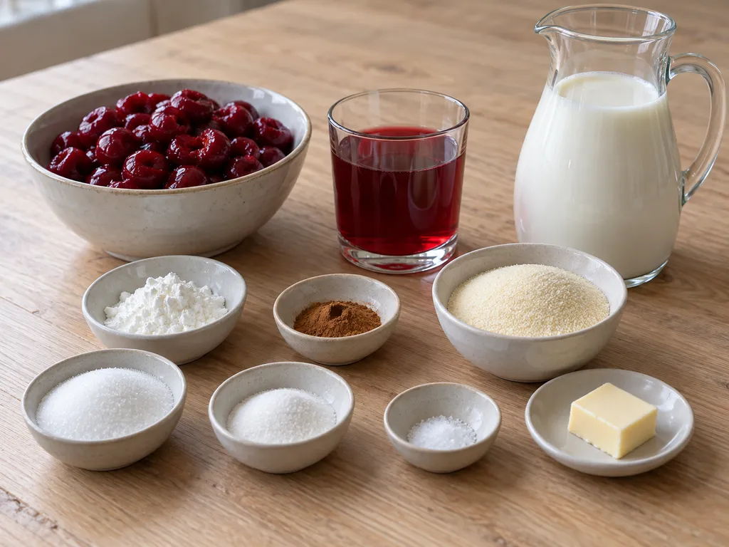 Milch, Weichweizengrieß, Butter, Zucker und Sauerkirschen für Grießbrei mit Kompott