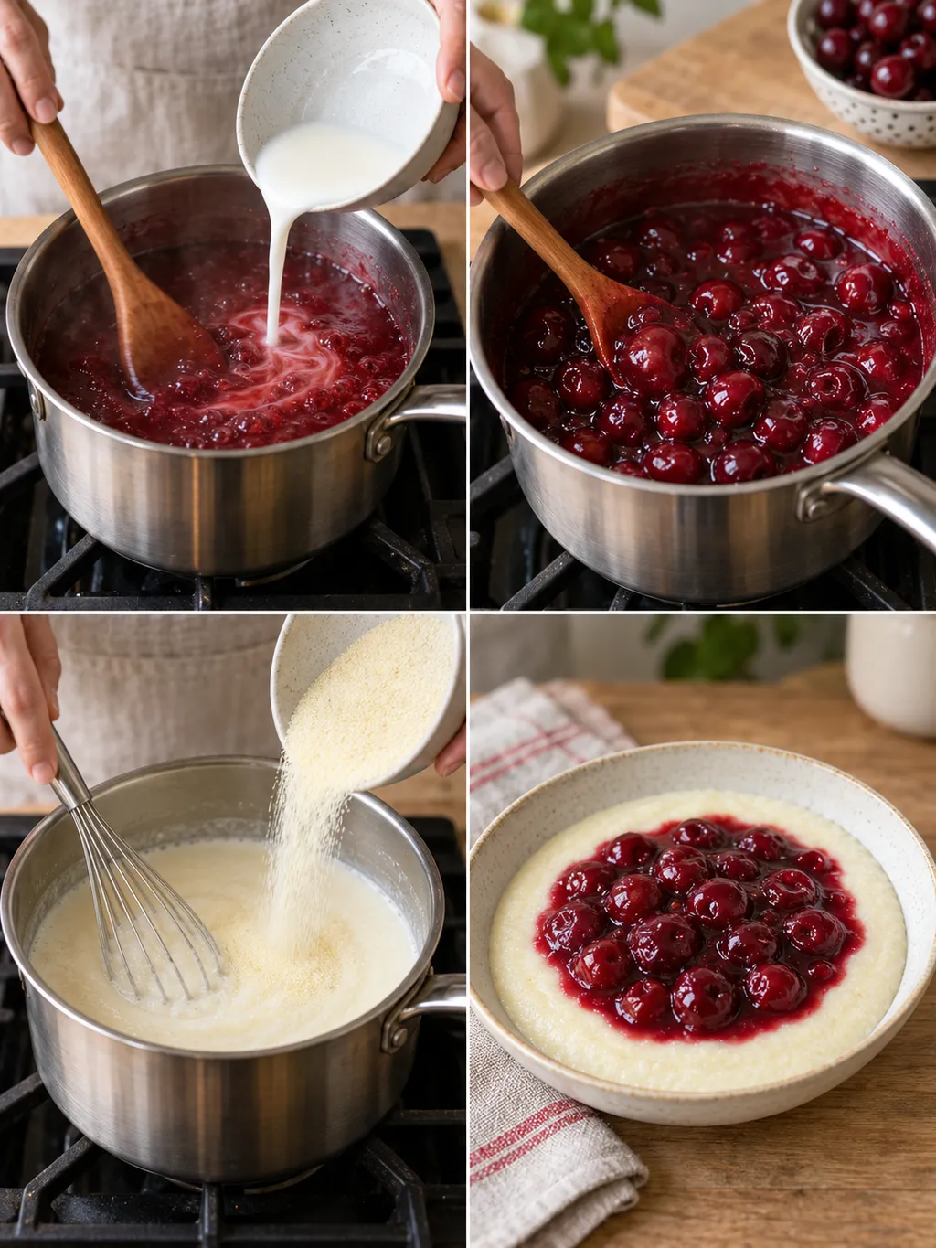 Zubereitung von Kirschkompott und Grießbrei sowie das fertig angerichtete Dessert