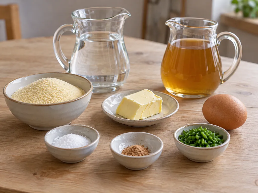 Hartweizengrieß, Butter, Ei, Salz, Muskat, Wasser, Rinderbrühe und Schnittlauch