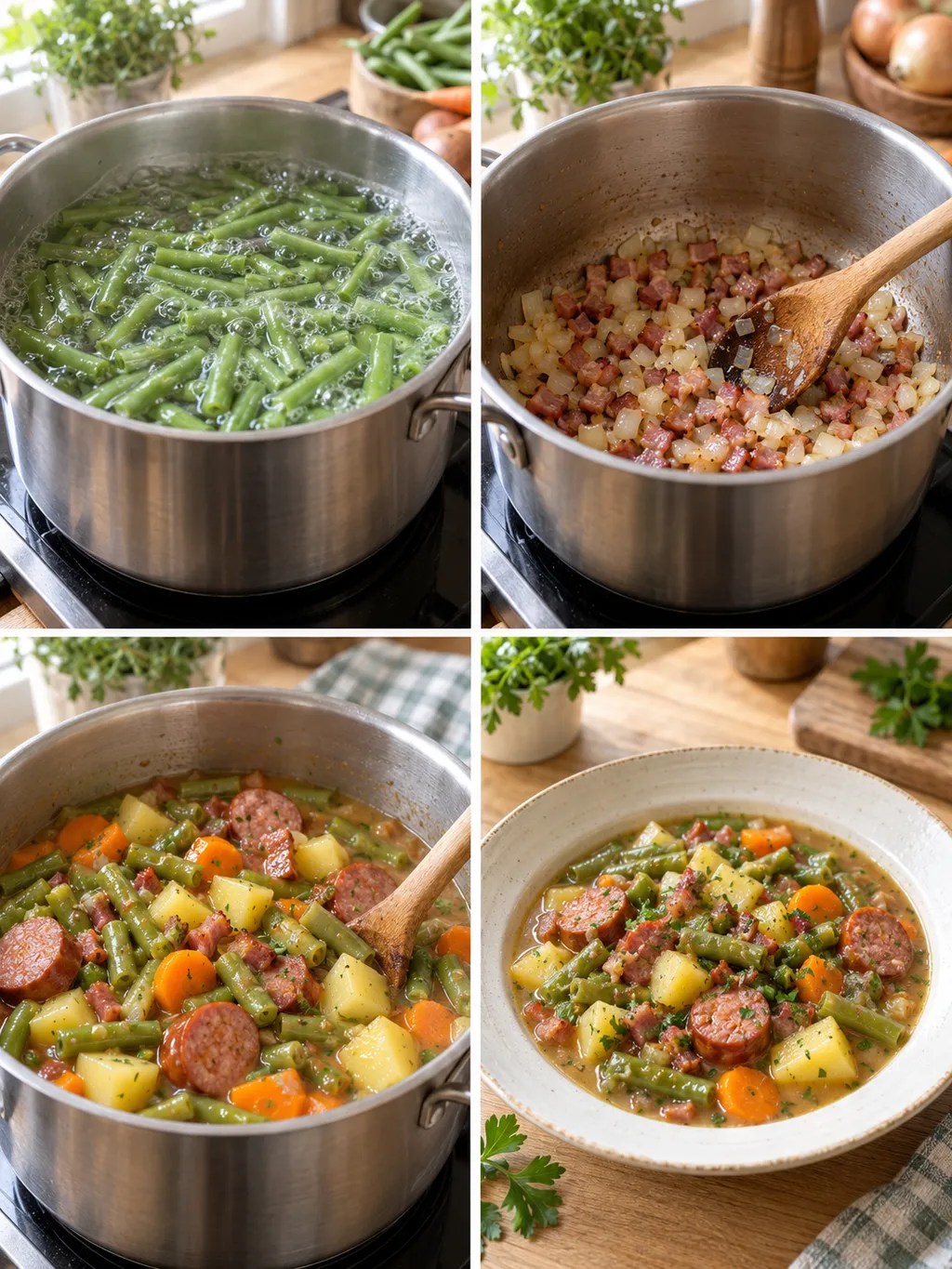 Bohnen kochen, Speck anbraten, Eintopf zusammenführen und fertig mit Mettenden servieren