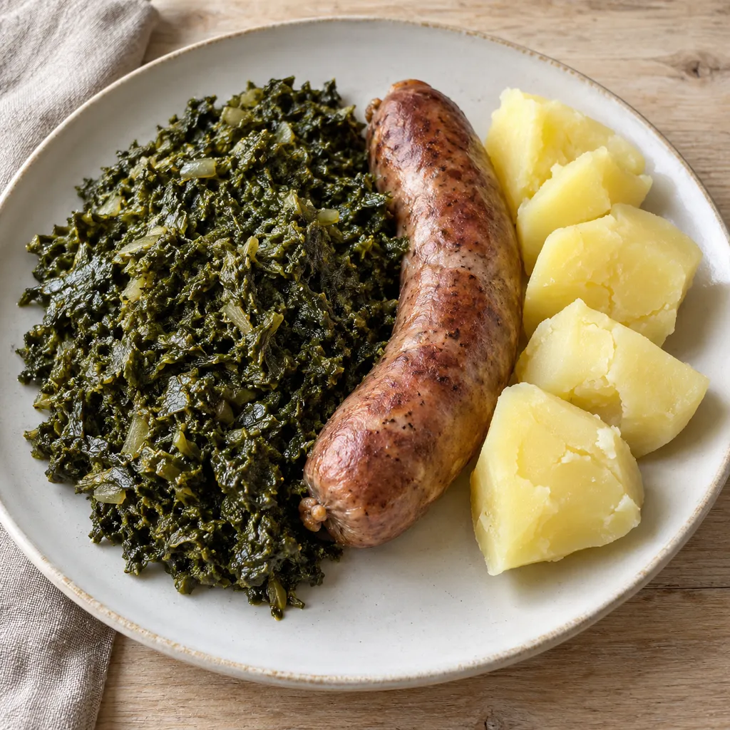 Grünkohl mit einer Pinkelwurst und Salzkartoffeln auf einem hellen Teller
