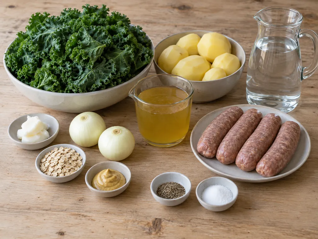 Grünkohl, vier Pinkelwürste, Kartoffeln und die übrigen Zutaten in getrennten Schalen