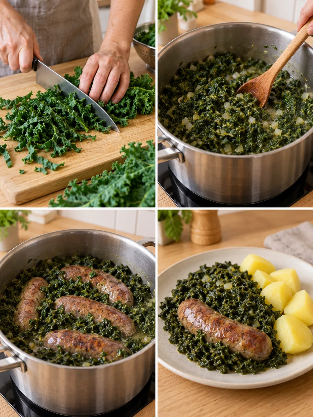 Grünkohl schneiden, schmoren, Pinkel darin garen und mit Salzkartoffeln anrichten