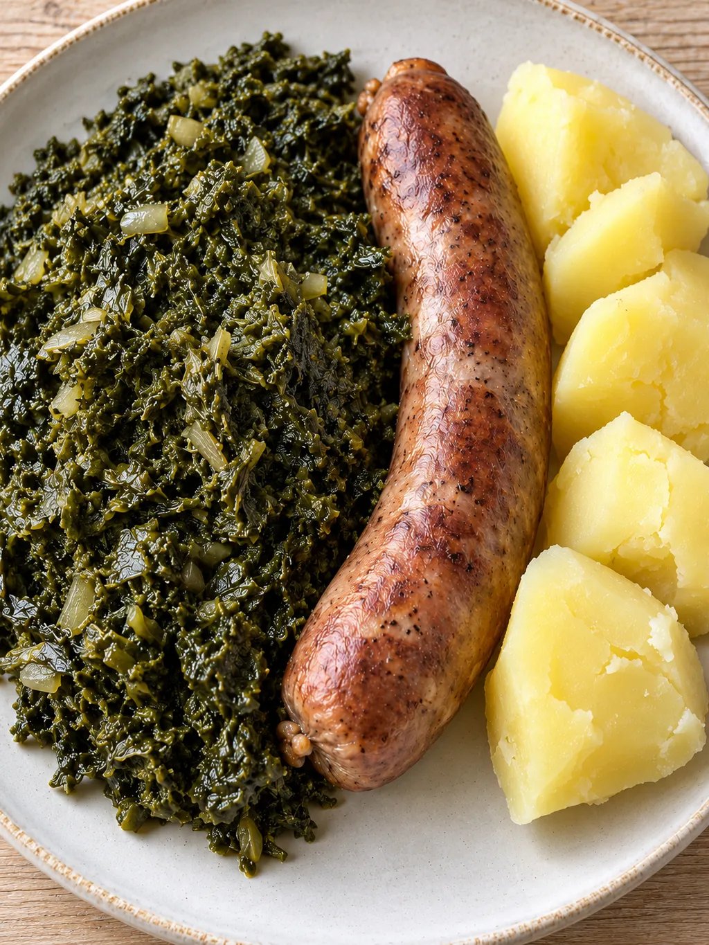 Weich geschmorter Grünkohl mit brauner Pinkelwurst und hellen Salzkartoffeln