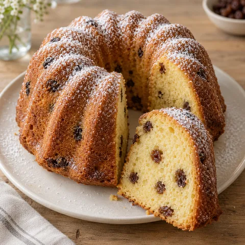 Gugelhupf mit Puderzucker und einer angeschnittenen Scheibe mit Rosinen