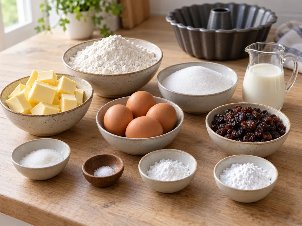 Butter, Mehl, Zucker, Eier, Milch und Rosinen für einen Gugelhupf