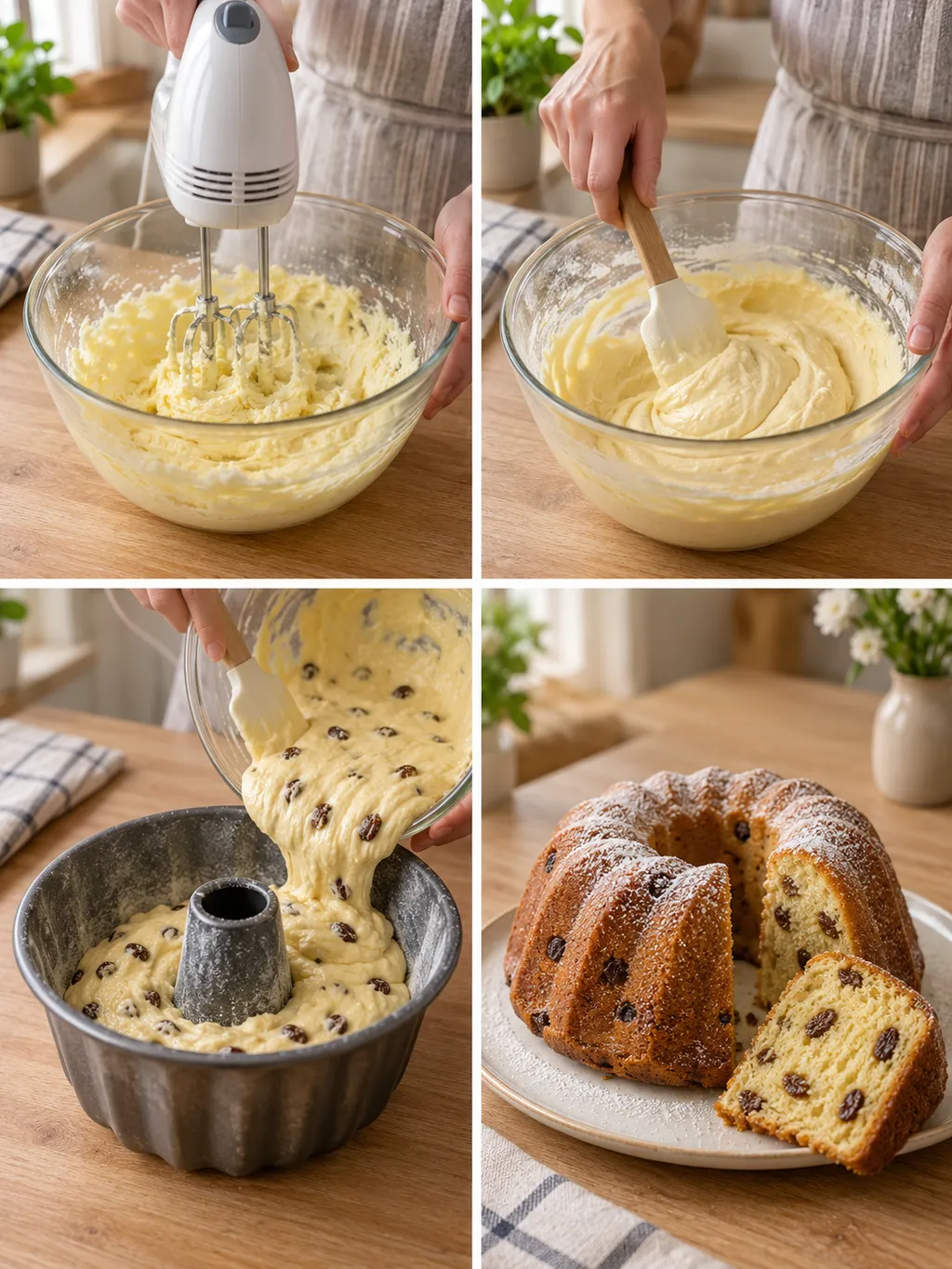 Butter aufschlagen, Rührteig mischen, Form füllen und fertiger Rosinen-Gugelhupf