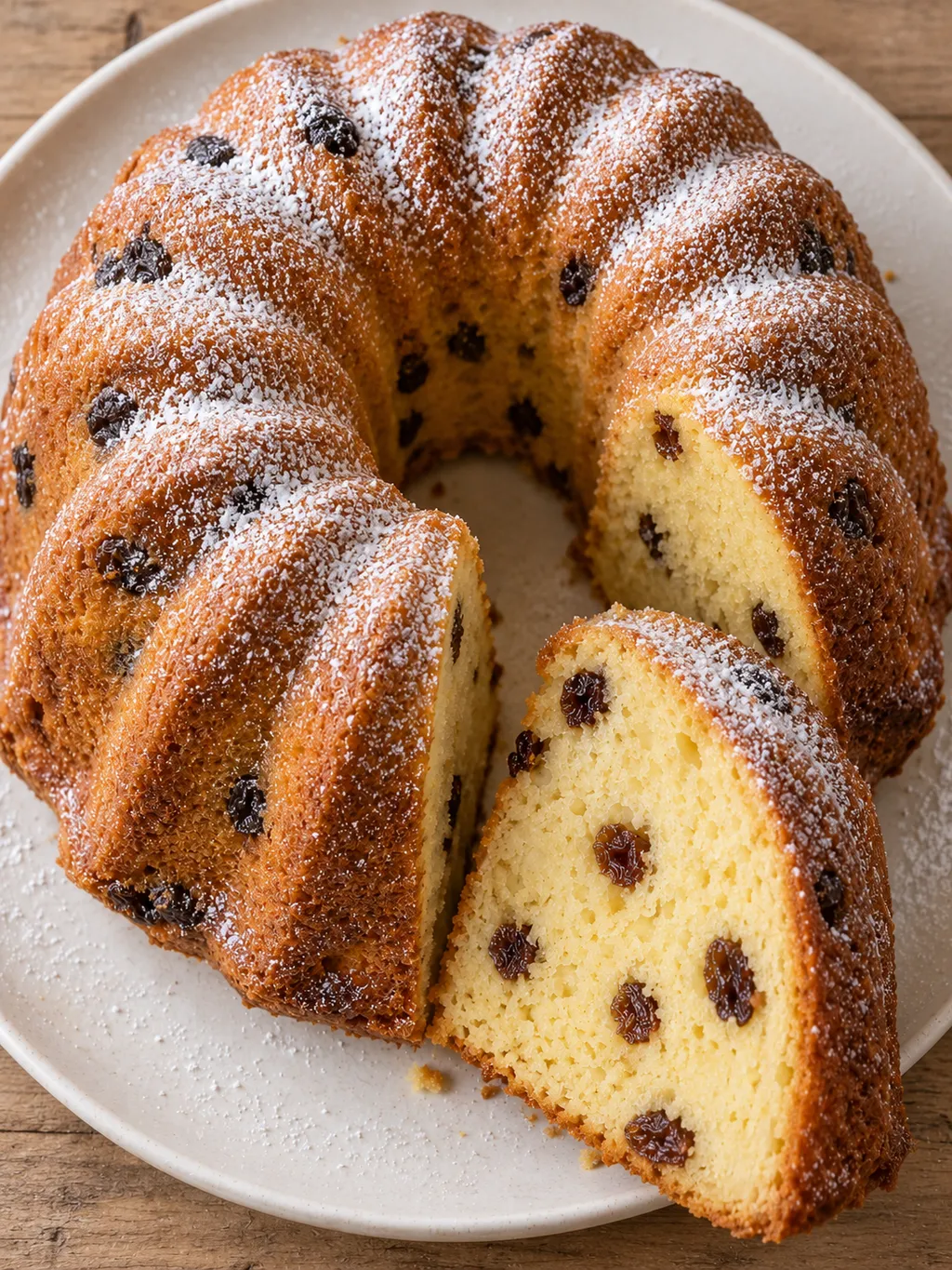 Goldbrauner Gugelhupf mit Puderzucker und hellgelber Rosinenkrume