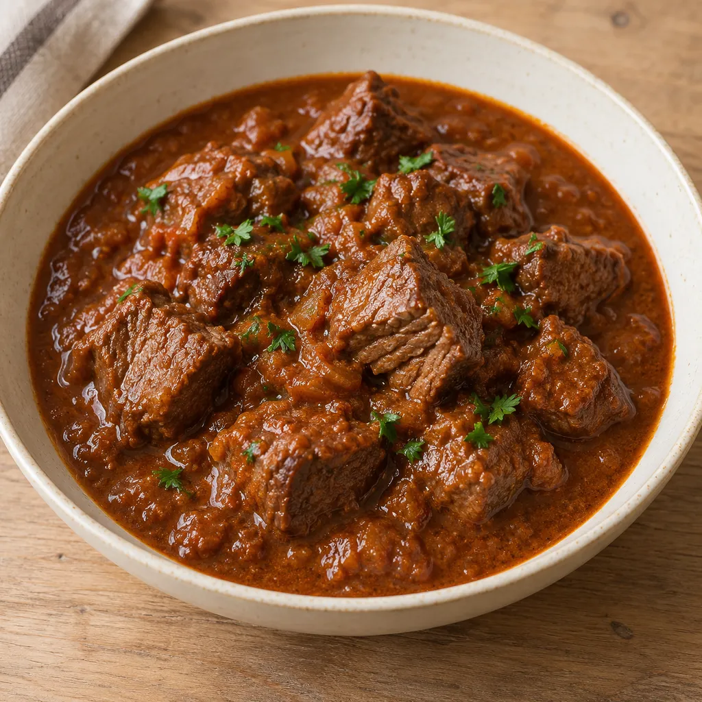 Rindergulasch in rotbrauner Zwiebel-Paprika-Soße mit Petersilie