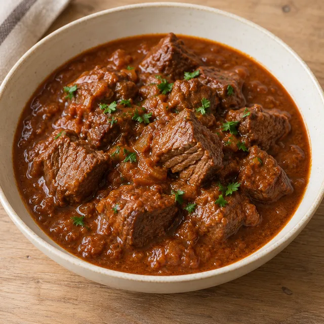 Rindergulasch in rotbrauner Zwiebel-Paprika-Soße mit Petersilie
