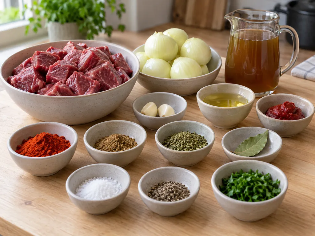 Rindfleisch, Zwiebeln, Paprikapulver und weitere Zutaten für Gulasch
