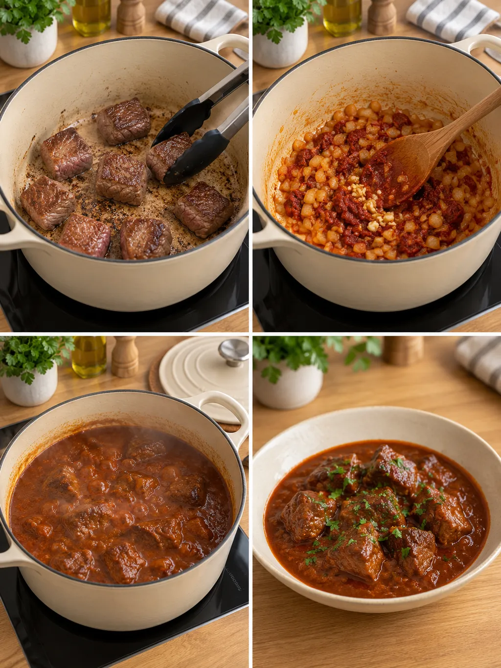 Gulasch beim Anbraten, Zwiebelrösten und Schmoren sowie fertig angerichtet