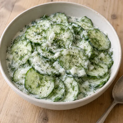 Gurkensalat mit saurer Sahne, frischem Dill und feinen Zwiebelwürfeln