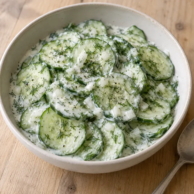 Gurkensalat mit saurer Sahne, frischem Dill und feinen Zwiebelwürfeln
