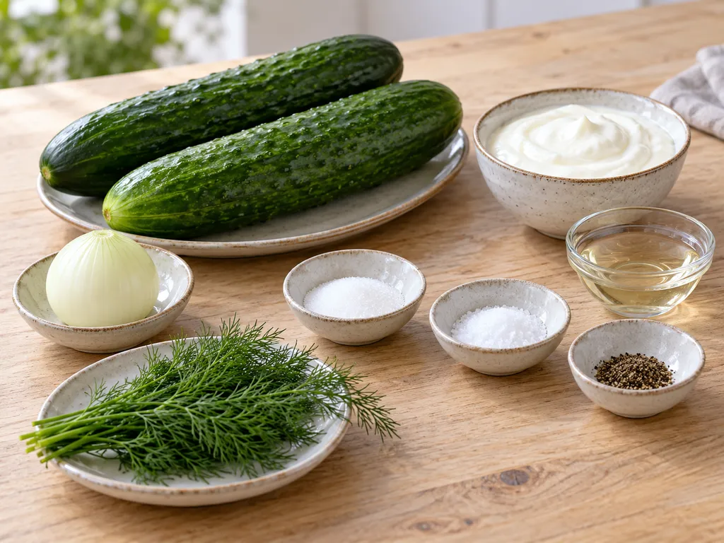 Gurken, saure Sahne, Dill, Zwiebel, Essig, Zucker, Salz und Pfeffer