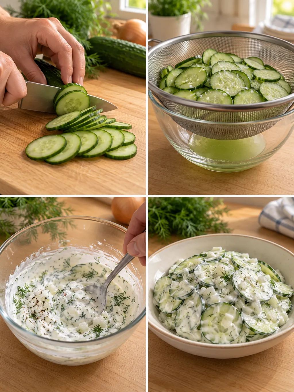 Gurken schneiden, abtropfen lassen, Dilldressing rühren und fertigen Gurkensalat servieren