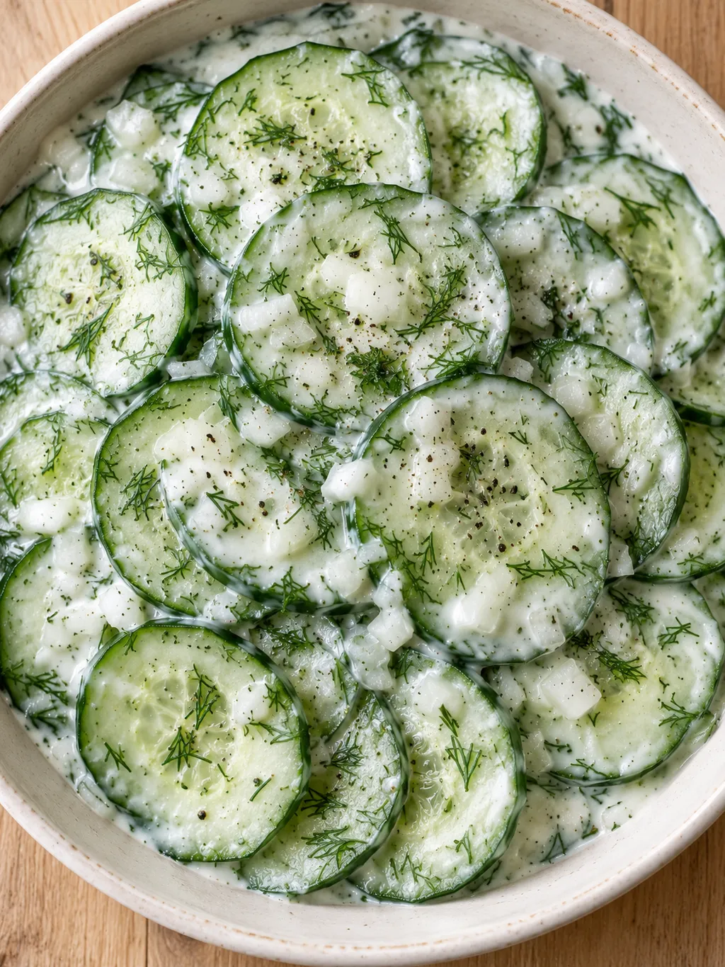 Cremiger Gurkensalat mit dünnen Gurkenscheiben und Dill in einer weißen Schüssel