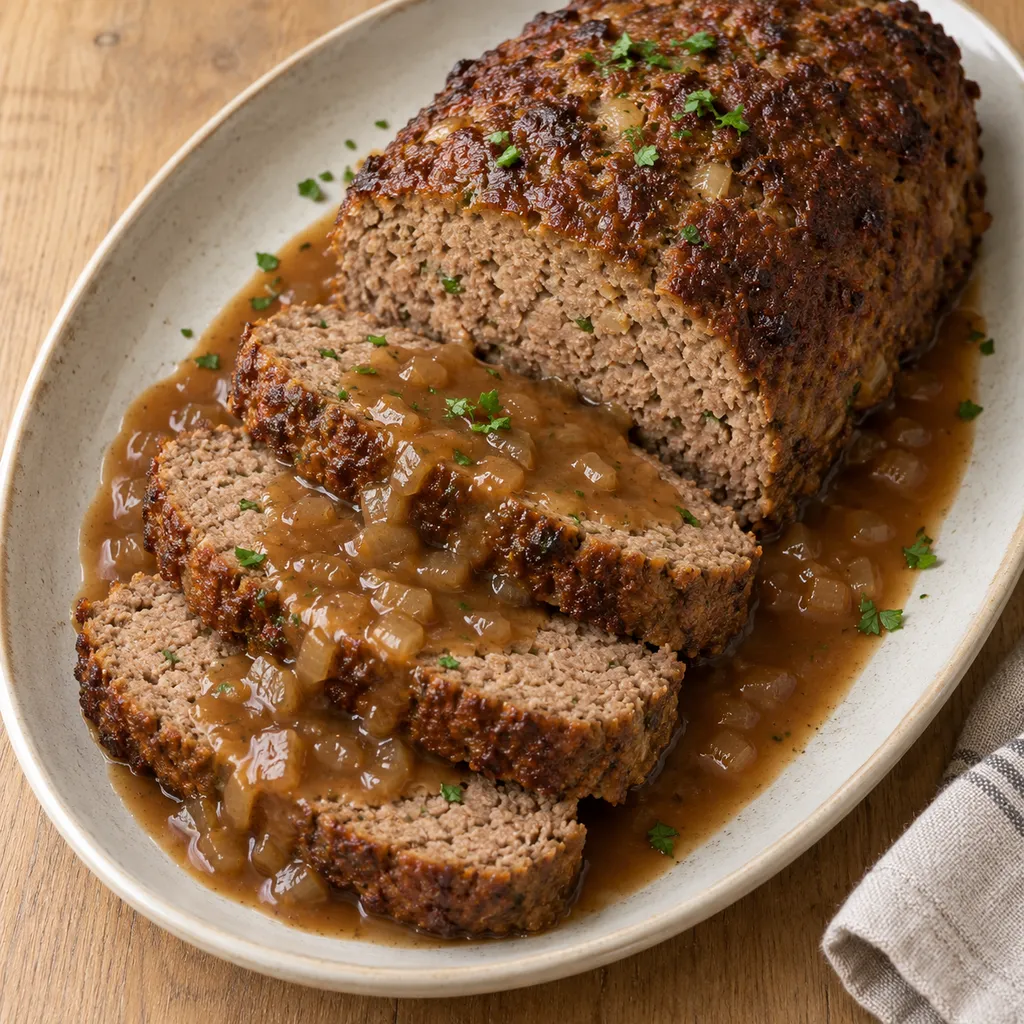 Hackbraten mit brauner Kruste, dicken Scheiben, Zwiebelsoße und Petersilie