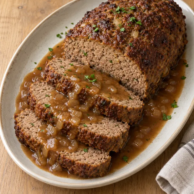 Hackbraten mit brauner Kruste, dicken Scheiben, Zwiebelsoße und Petersilie