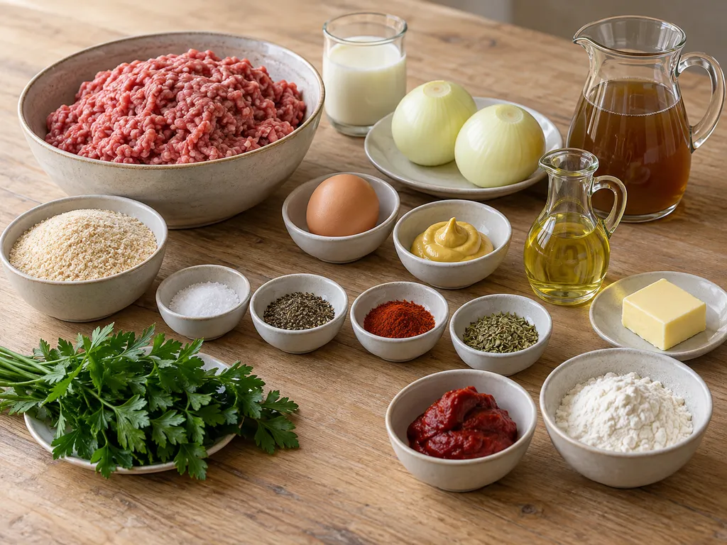 Hackfleisch, Zwiebeln, Brösel, Milch, Ei und Gewürze für Hackbraten mit Soße