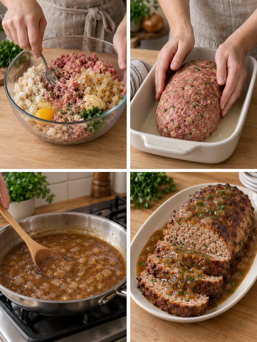 Hackbratenmasse vermengen, Laib formen, Zwiebelsoße kochen und fertigen Braten servieren