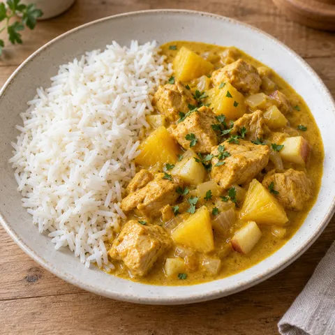 Hähnchen-Curry mit Ananas in goldgelber Sahnesoße neben Basmatireis