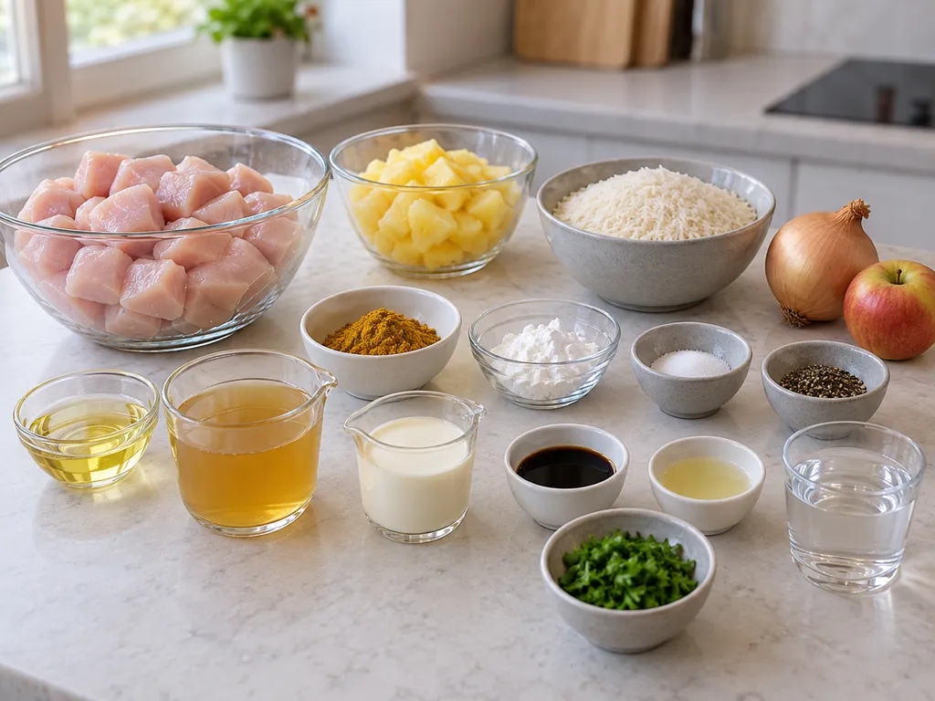 Hähnchen, Ananas, Apfel, Reis und weitere Zutaten für ein mildes Sahnecurry